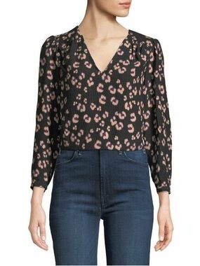 Rebecca Taylor Silk Top Black Cheetah Print V Neck Long Sleeve